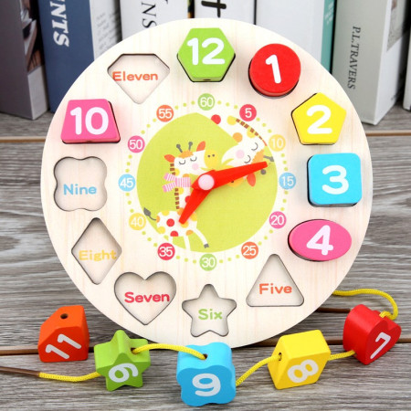 Jucarie Educativa Flippy, Tip Montessori, Model Ceas Girafa, din Lemn, + 36 Luni, 12 Piese, 17 cm, Multicolor