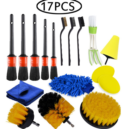 Set 17 Accesorii pentru Curatare Auto, Flippy, Interior si Exterior, 4 Capete pentru Bormasina, 5 Pensule, 3 Perii, 1 Laveta, 1 Manusa, 1 Perie Tripla Grilaj, 2 Bureti, Multicolor