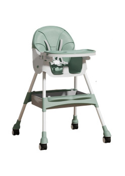 Scaun de masa pentru bebelusi si copii Flippy, cu roti, telescopic, pliabil, masuta reglabila, suport picioare, scaun invelis piele artificiala, centura siguranta, spatiu depozitare, 97 x 73 x 65 cm, verde