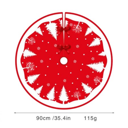 Covoras pentru Bradul de Craciun, Flippy, din Tesatura Pufoasa, cu Fundite de Prindere, Model Brazi, Rosu/Alb, Diametru 90 cm