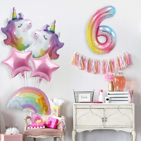 Balon din Folie Metalizata Gradient Flippy, Figurina Cifra, Tema Aniversare 100 cm, Ambalaj Individual, Pai inclus, Umflare cu Aer sau Heliu, Multicolor, Cifra 6