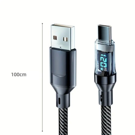 Cablu de Date Type C + USB, Flippy, Încarcare Super Rapida, 120 W, Afișaj Digital LED, 1 m, Negru