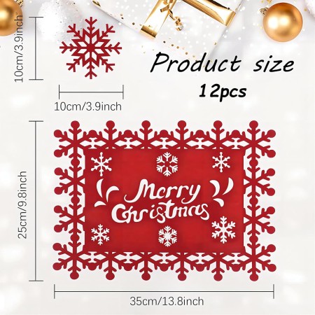 Set 12 Servete pentru Masa si Suporturi de Pahare/Tacamuri, Flippy, Scris Merry Christmas, 6 Servete 25x35 cm, 6 Suporturi de 10x10 cm, Rosu