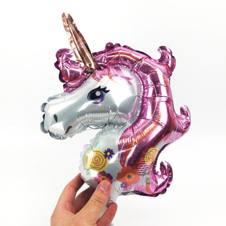 Balon din Folie Metalizata, Flippy, Figurina Unicorn, Tema Animalute, 30 cm, Ambalaj Individual, Pai Inclus, Umflare cu Aer sau Heliu, Roz