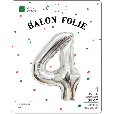 Balon din Folie Metalizata, Flippy, Figurina Cifra, Tema Aniversare 80 cm, Ambalaj Individual, Pai inclus, Umflare cu Aer sau Heliu, Argintiu, Cifra 4