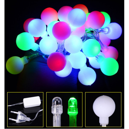 Instalatie sfere brad Craciun Flippy, 4 metri, 30 LEd-uri, alimentare la retea, fir transparent, multicolora