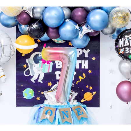 Balon din Folie Metalizata Flippy, Figurina Cifra, Tema Aniversare 40 cm, Ambalaj Individual, Pai inclus, Umflare cu Aer sau Heliu, Multicolor, Cifra 7