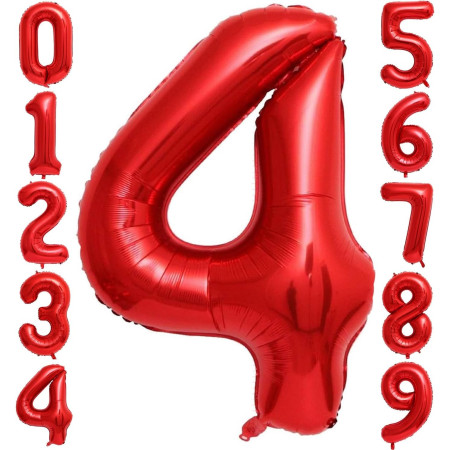 Balon din Folie Metalizata Flippy, Figurina Cifra, Tema Aniversare 80 cm, Ambalaj Individual, Pai inclus, Umflare cu Aer sau Heliu, Rosu, Cifra 4