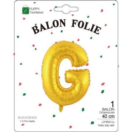 Balon Folie Metalizata Litera G, Flippy, 40 cm, Umflati cu Heliu sau Aer, Ambalaj Individual, Pai inclus, Auriu