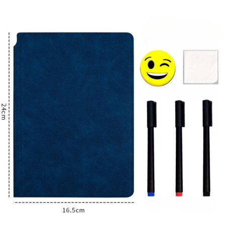 Set Agenda A5 Reutilizabila cu Pagini Tip Tabla, Agenda Pagini Albe cu Stergere Uscata, 3 Markere, 1 Burete și 1 Laveta de sters, Portabila, 24 x 16.5 cm, Coperta Piele, Albastru