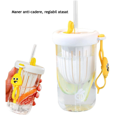 Pahar din silicon, cu capac si pai, pentru copii, Flippy, anti-cadere, compartiment pentru fructe/ceai/gheata, rezistent la temperaturi inalte, 500ml, Alb, 14.5x8.8x20 cm