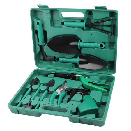 Set 10 accesorii pentru gradinarit Flippy, geanta depozitare inclusa, otel inoxidabil, 37 x 28 cm, verde