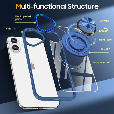 Husa de Protectie TPU, Flippy, pentru iPhone 16 Pro Max, cu Incarcare Wireless, Tehnologie Magsafe, Inel Magnetic Rotativ cu Functie de Suport, Transparent-Albastru Inchis