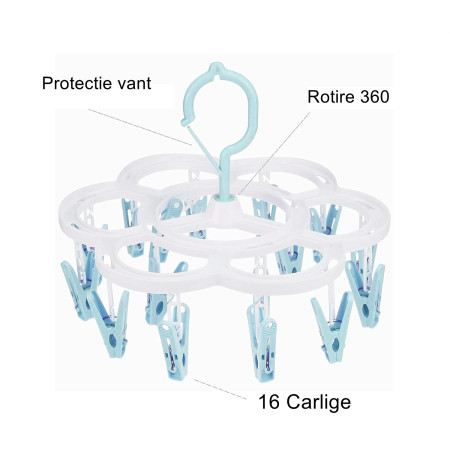 Uscator de Rufe Suspendat Flippy, cu 16 Carlige, Rotire 360 Grade, Mateiral Plastic, Usor de Depozitat, Multifunctional, 26 x 21 cm, Albastru