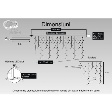 Instalatie Craciun, 40 m, 1144 Led-uri ,Franjuri, Rosu / Verde/ Albastru, Flash, Transformator, Interconectabila, Prelungitor 5 m inclus, Fir Alb, Flippy