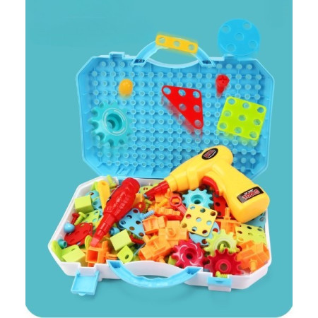 Jucarie Educativa Si Interactiva, Flippy, Set De Constructie Puzzle Din ABS Cu Bormasina Pentru Dezvoltatea Creativitatii Si A Indemanarii 2D si 3D, Valiza, +3, 31x7x25 cm, 338 Piese