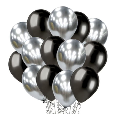 Set 10 Baloane din Latex Chrome, Flippy, Model Party, 23 cm, Negru Argintiu, 2.2 g