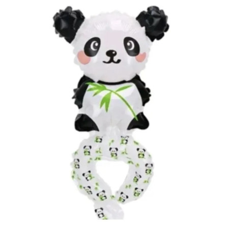 Balon din Folie Metalizata, Flippy, Figurine Animalute, Tip Bratara, Model Panda, 13 x 35 cm, Ambalaj Individual, Pai Inclus, Umflare cu Aer sau Heliu, Alb/Negru