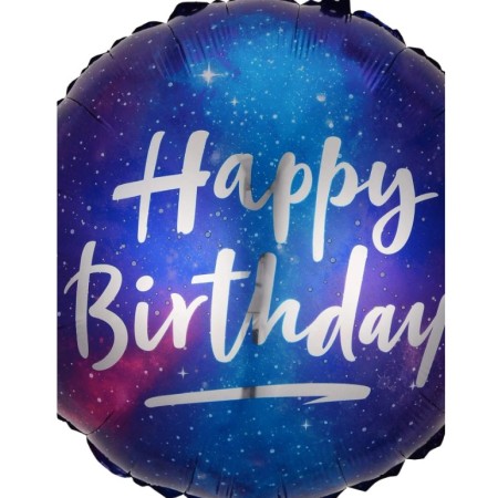 Balon din Folie Metalizata, Flippy, Mini Figurina Rotunda, Model Cer Instelat, Happy Birthday, Tematica Aniversare, 45 cm, Ambalaj Individual, Pai Inclus, Umflare cu Aer sau Heliu, Multicolor