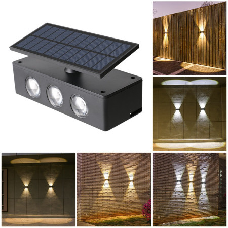 Lampa solara LED bidirectionala Flippy, cu panou ajustabil, comutator culoare lumina, pentru perete, scari, gradina, terasa, 16 x 6.5 cm, 6 LED-uri, material ABS, baterie 3.7 V, 1200mah, multicolor