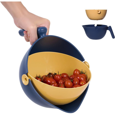 Bol cu Doua Straturi, Flippy, pentru Fructe, Legume, cu Cos de Scurgere a Apei, 2L, din ABS+PP, 29.9 x 22.5 x 11.8 cm, Albastru-Portocaliu