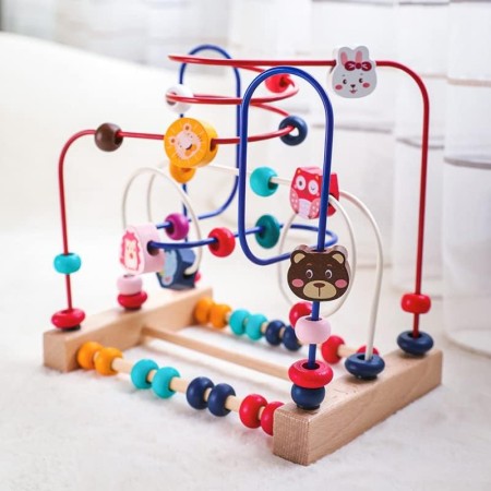 Jucarie din Lemn Montessori, Flippy, Labirint Motricitate cu Abac si Animalute, Rollercoaster pentru Copii, Educativ, Dezvoltarea Abilitatilor Motorii, Numaratoare, 22.5x22.5x15 cm, Multicolor