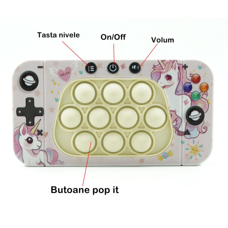 Jucarie interactiva tip consola pentru copii Flippy, speed push whack-a-mole, joc de viteza pop it, material ABS/silicon, cu nivele, sunete si lumini, 15.5 x 7.6 x 5.3 cm, model unicorn, roz