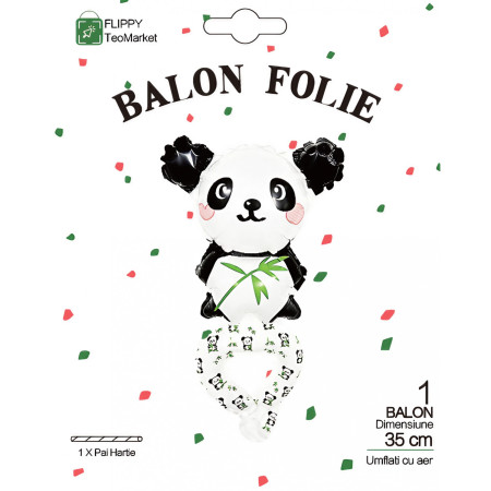 Balon din Folie Metalizata, Flippy, Figurine Animalute, Tip Bratara, Model Panda, 13 x 35 cm, Ambalaj Individual, Pai Inclus, Umflare cu Aer sau Heliu, Alb/Negru