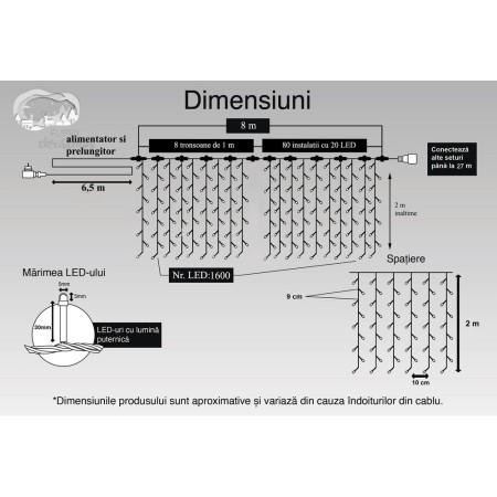 Instalatie Craciun Profesionala de Exterior IP65, Tip Perdea, 8m x 2m, 1600 Led-uri Mari, Alb cald, cu flash, Alimentator si prelungitor 6,5 m, Interconectabila, Fir negru, Flippy