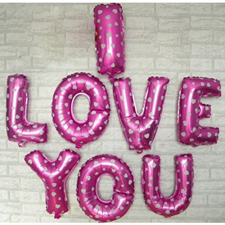 Set 8 Baloane din Folie Metalizata, Figurine Litere, Model I Love You, Tema Ziua Indragostitilor, 40 cm, Ambalaj Individual, Pai Inclus, Umflare cu Aer sau Heliu, Roz cu Inimioare Albe