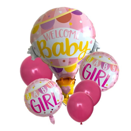 Balon din Folie Metalizata, Flippy, Mini Figurine, Model Balon cu Aer Cald Fetita, Tematica Welcome Baby, 80x62 cm, Ambalaj Individual, Pai Inclus, Umflare cu Aer sau Heliu, Roz