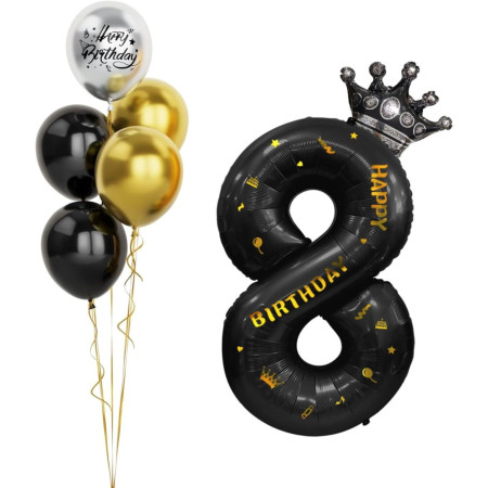 Balon din Folie Metalizata Flippy, Figurina Cifra si Coroana, Scris Happy Birthday, Tema Aniversare 100 cm, Ambalaj Individual, Pai inclus, Umflare cu Aer sau Heliu, Negru, Cifra 8