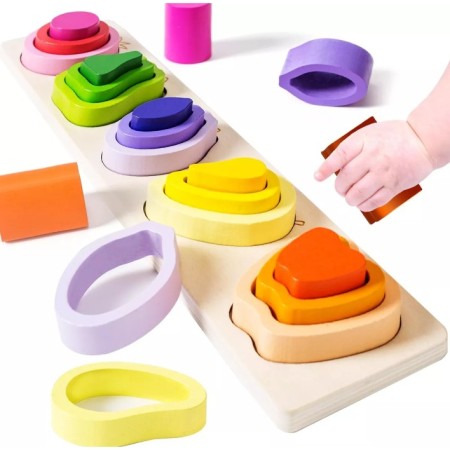 Jucarie Montessori din Lemn, Flippy, Tip Puzzle, cu 5 Forme Asimetrice, 15 Piese, Model Fructe, Educativa, Interactiva, Creativa, Materiale Non Toxice, pentru Copii peste 2 Ani, Baza 29x6.5 cm, Multicolor