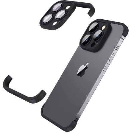 Husa Metalica Edgeless Compatibila cu iPhone 15 Pro, Flippy, Protectie pentru Colturi si Camera, Aliaj, Antisoc, Antizgariere, Negru Metalizat