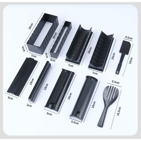 Set ustensile pentru facut sushi Flippy, 10 piese, forma inima inclus, 3 forme clasice, extensibil, finisaj lucios, material ABS, curatare usoara, negru