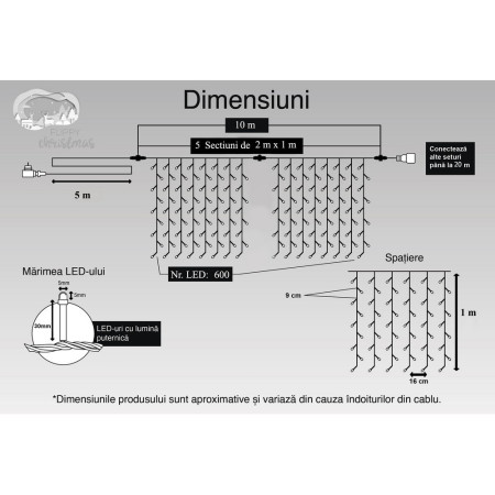 Instalatie Craciun, Tip Perdea, IP44, 10 m x 1 m, 600 LED-uri, Albastru, 8 jocuri de lumini, Transformator cu telecomanda, Interconectabila, Prelungitor 5 m inclus, Fir transparent, Interior/ Exterior, Flippy