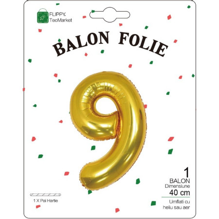 Balon din Folie Metalizata Flippy, Figurina Cifra, Tema Aniversare 40 cm, Ambalaj Individual, Pai inclus, Umflare cu Aer sau Heliu, Auriu, Cifra 9