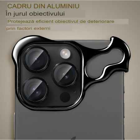 Husa Metalica Compatibila cu iPhone 15 Pro, Protectie pentru Colturile Telefonului si Camera, Lentile pentru Obiective, Aliaj, Antisoc, Antizgariere, Negru