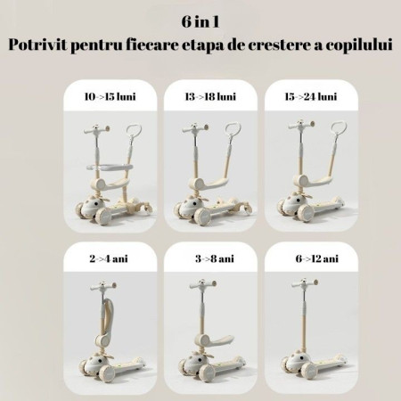 Trotineta Multifunctionala 6 in 1, Flippy, Pentru Copii De La 10 Luni Pana La 12 Ani, Cu Maner De Impingere, Reglabil 360, Pliere Usoara, Reglarea Inaltimii, Model Dinozaur, Alb/Bej