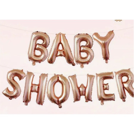 Set Baloane din Folie Metalizata, Flippy, Model Baby Shower, Litere de 40 cm, Baloane Party, Ambalaj Individual, Pai, Ata si Adeziv Incluse, Umflare cu Aer sau Heliu, Rose Gold