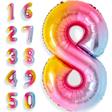 Balon din Folie Metalizata Flippy, Figurina Cifra, Tema Aniversare 40 cm, Ambalaj Individual, Pai inclus, Umflare cu Aer sau Heliu, Multicolor, Cifra 8