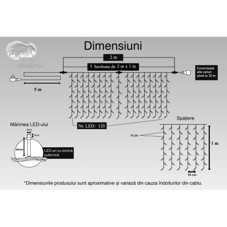 Instalatie Craciun, Tip Perdea, IP44, 2 m x 1 m, 120 LED-uri, Albastru, 8 jocuri de lumini, Transformator, Interconectabila, Prelungitor 5 m inclus, Fir transparent, Interior/ Exterior, Flippy