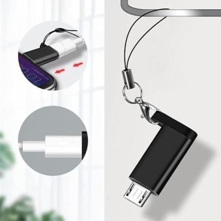 Adaptor USB-C la Micro USB, Flippy, cu Snur pentru Prindere la Chei, 2.7x1.1x0.6cm, Negru