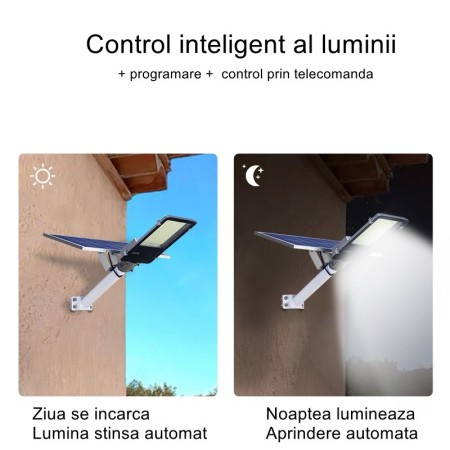 Lampa solara stradala Flippy, pentru curte sau strada, finisaj lucios, rezistent la apa, montare prin fixare, senzor lumina, baterie de litiu, IP65, lumina rece, putere 500W, autonomie 10 ore, 49.5 x 21 x 9 cm, negru