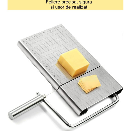 Feliator manual Flippy, pentru cascaval, salam, prajituri, unt, din otel inoxidabil, usor de curatat si utilizat, 5 lame de schimb incluse, picioare antiderapante, 21 x 12.2 x 2.8 cm, argintiu