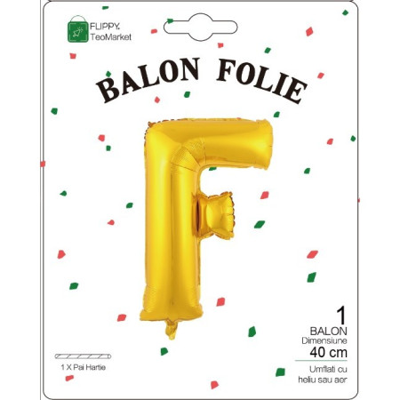 Balon Folie Metalizata Litera F, Flippy, 40 cm, Umflati cu Heliu sau Aer, Ambalaj Individual, Pai inclus, Auriu