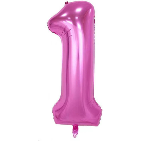 Balon din Folie Metalizata Flippy, Figurina Cifra si Coroana, Tema Aniversare 100 cm, Ambalaj Individual, Pai inclus, Umflare cu Aer sau Heliu, Roz, Cifra 1