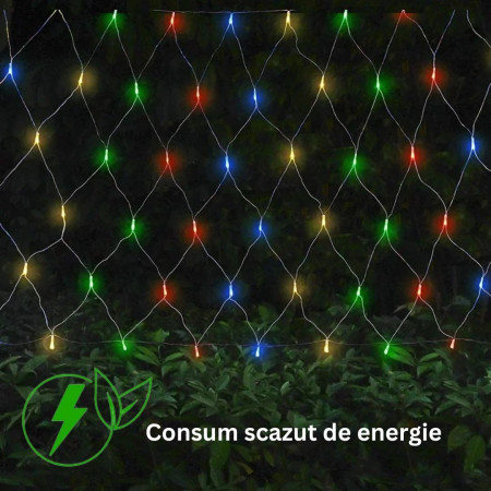 Instalatie Craciun Yoto, Tip Plasa, 1.5 m x 1.5 m, 120 LED-uri, Prelungitor 1.5 m, 8 Jocuri de Lumini, Interconectabila, Fir transparent, Interior/Exterior, Multicolor