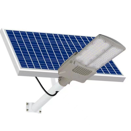 Lampa solara stradala Flippy, pentru curte sau strada, cu doua grile, finisaj mat, rezistent la apa, montare prin fixare, senzor lumina, baterie de litiu, IP65, lumina rece, putere 500W, autonomie 10 ore, 55 x 23 x 9 cm, gri