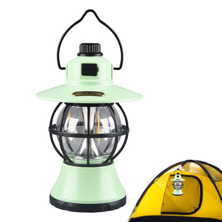 Lampă de camping retro portabilă, Felinar Vintage LED ABS,  Acumulator inclus 1200 mAh, reincarcabila, 3 moduri de iluminare, intensitate reglabila,Lampa portabila pentru cort în aer liber,  Mint